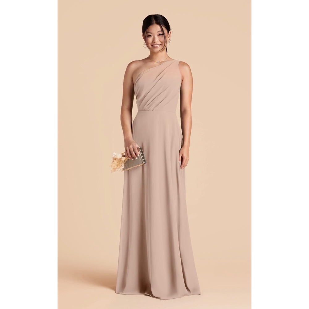 Birdy Grey Kira Chiffon Taupe Convertible One Shoulder Maxi Dress Size Medium